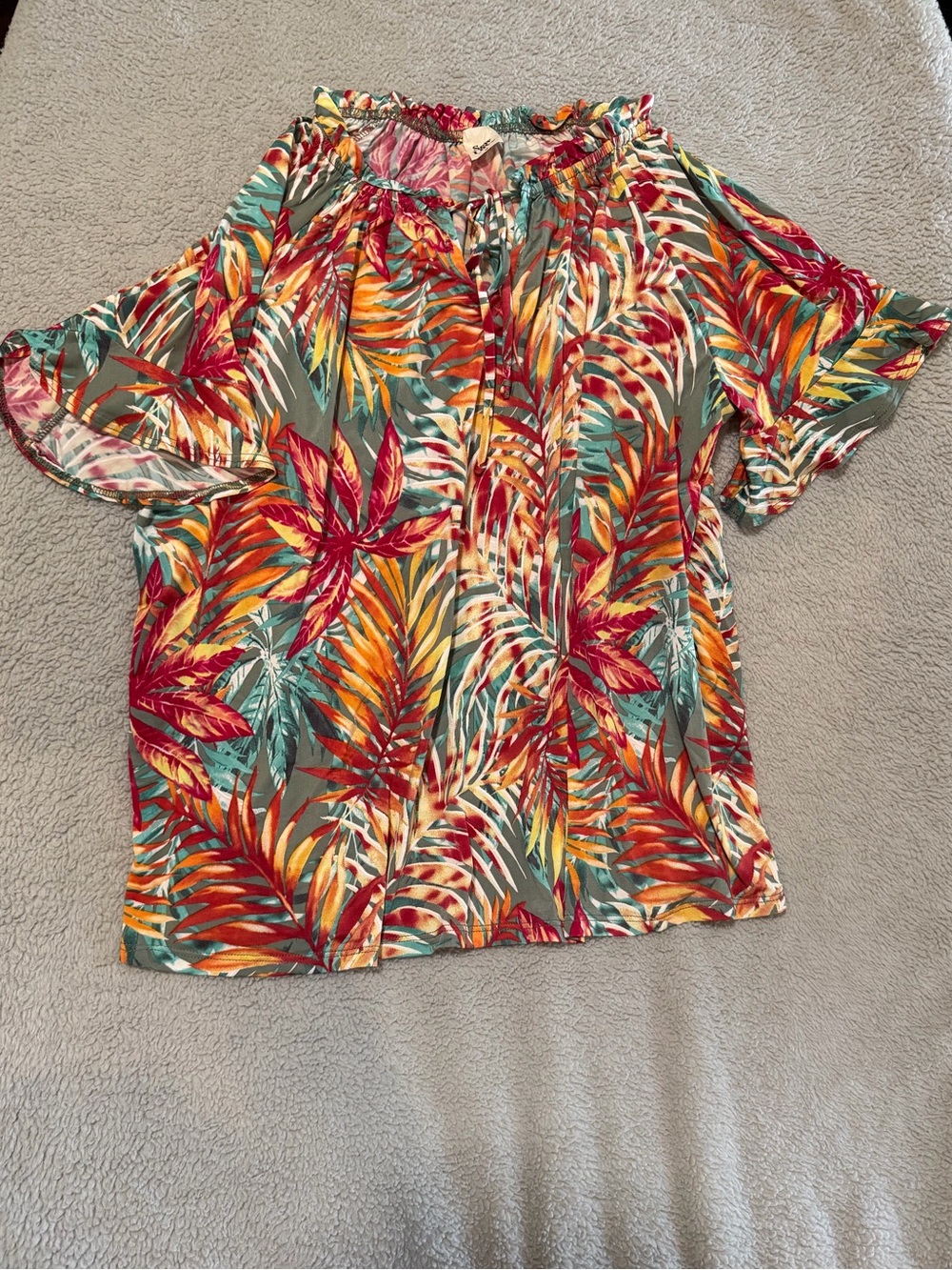 Sew In Love Tropical Off-Shoulder Blouse in Teal, Coral, Yellow, and Red